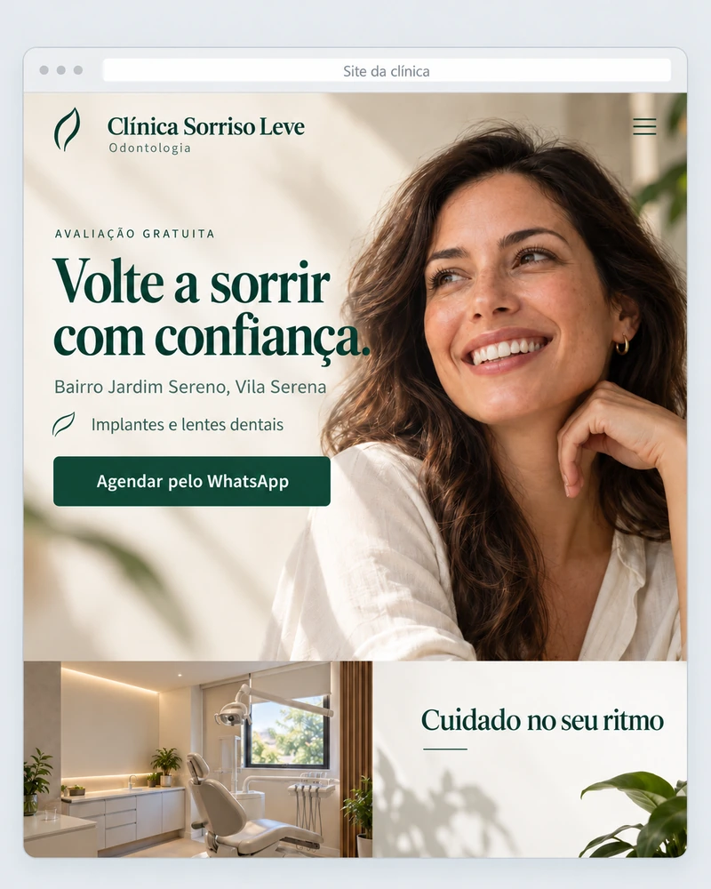Depois: página da Clínica Sorriso Leve com botão de agendamento